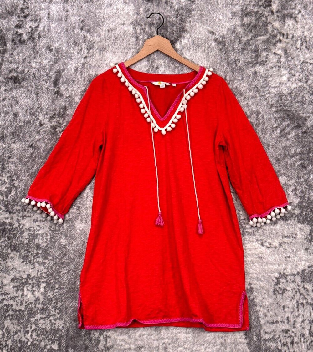 Boden Top 12 Womens Red Pom Pom Tassel Tie Tunic / Mini Dress
